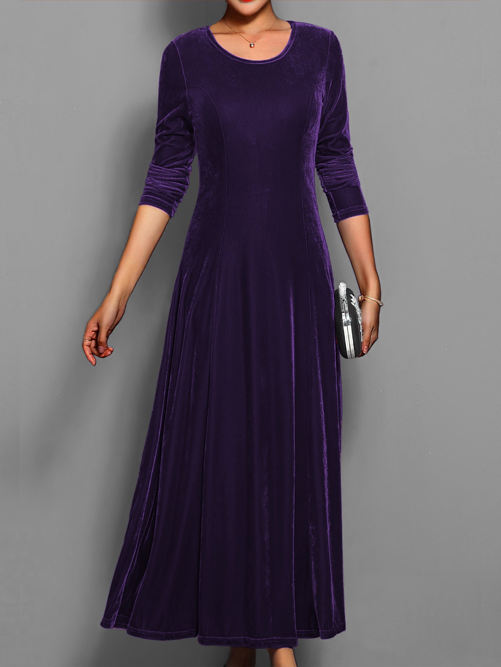 Velvet Midi Dress | Long Sleeve Crew Neck Party Style for Women