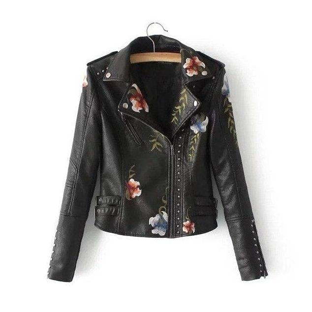 Selene | Embroidered Floral Leather Jacket Women