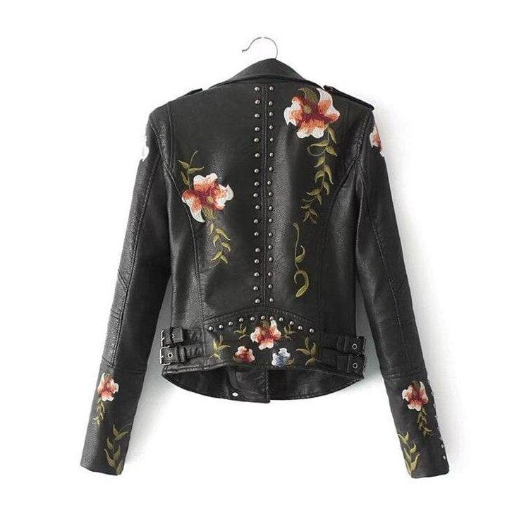 Selene | Embroidered Floral Leather Jacket Women