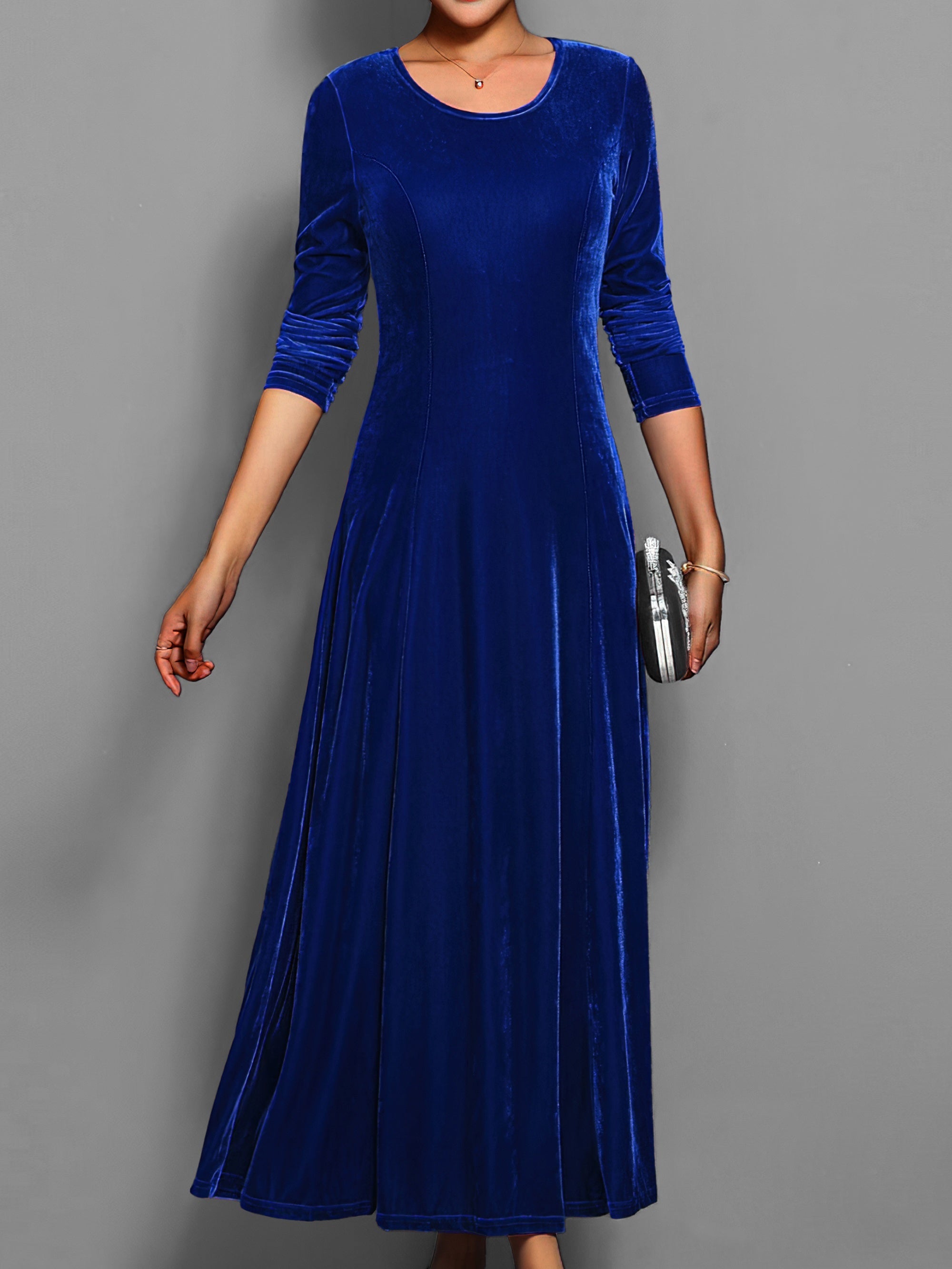 Velvet Midi Dress | Long Sleeve Crew Neck Party Style for Women