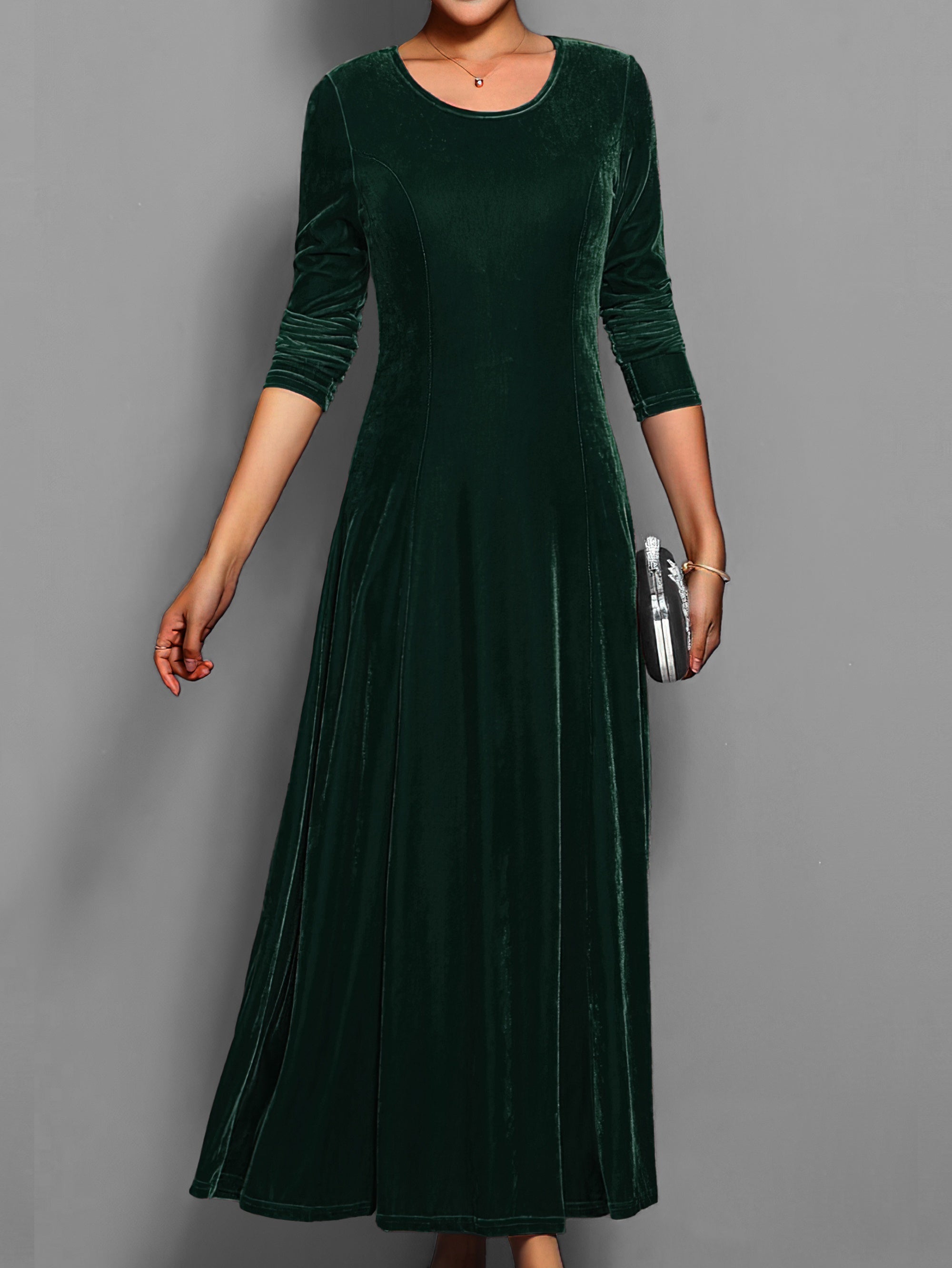Velvet Midi Dress | Long Sleeve Crew Neck Party Style for Women
