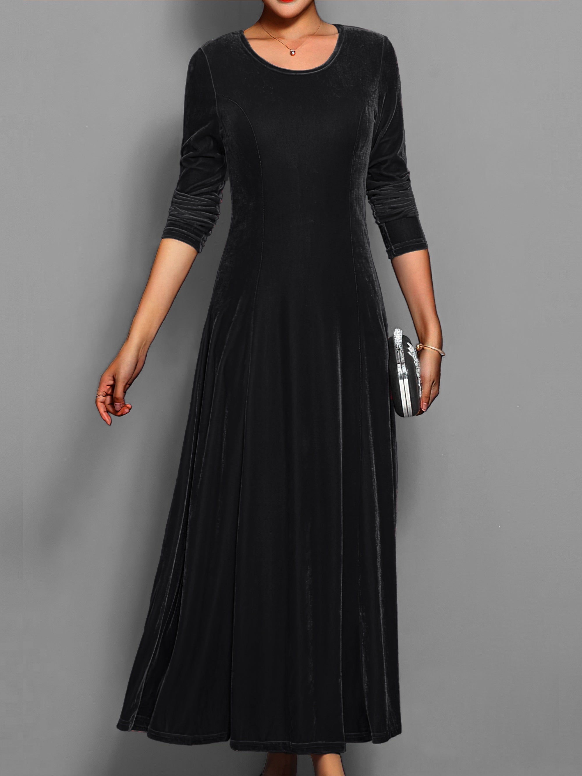 Velvet Midi Dress | Long Sleeve Crew Neck Party Style for Women
