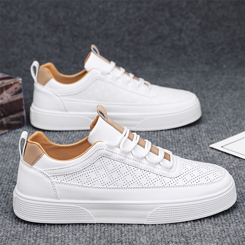 Men’s Leather Sneakers - Breathable Perforated Design - Cushioned Sole - Casual Wear 1