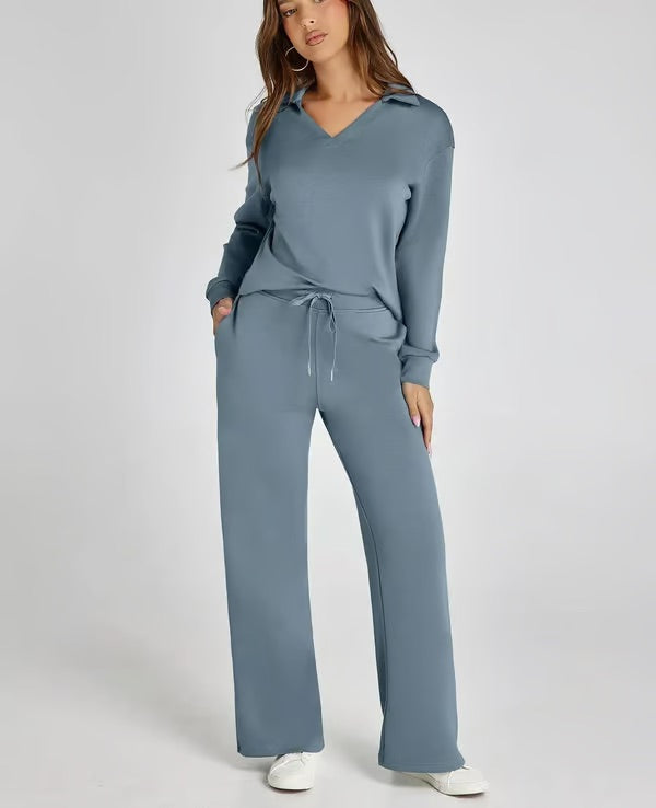 Women’s Two-Piece Lounge Set | V-Neck Sweatshirt & Wide-Leg Trousers