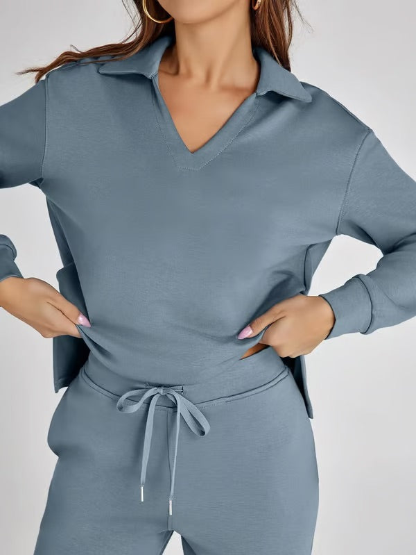 Women’s Two-Piece Lounge Set | V-Neck Sweatshirt & Wide-Leg Trousers
