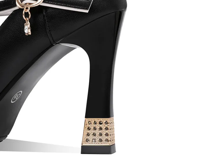T-Strap Square Toe Heels | Crystal Block Design | Virella | Women